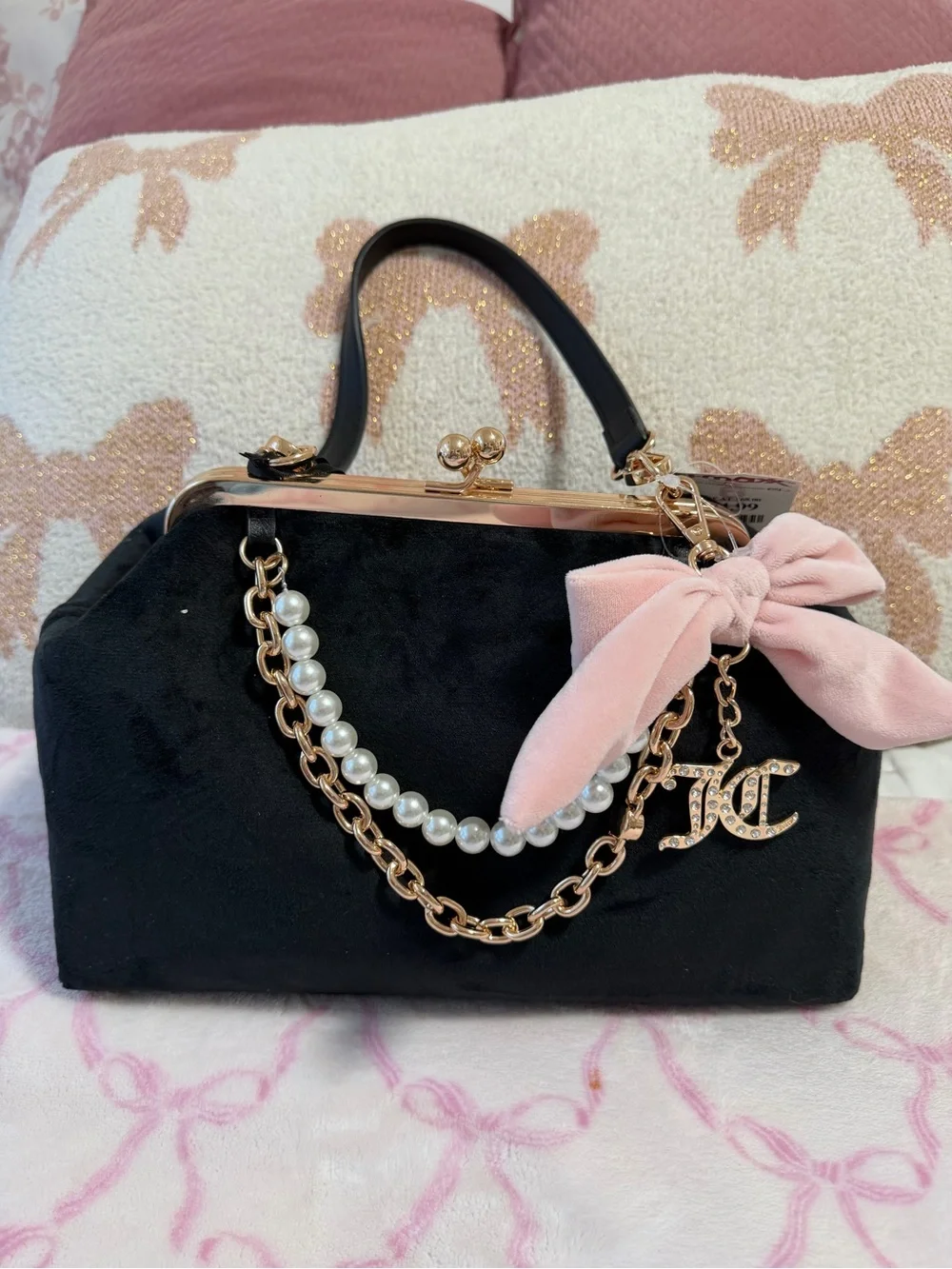 Juicy Couture Black Velvet Clutch with Pink Bow & Pearl Chain